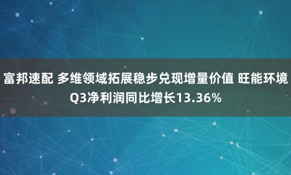 富邦速配 多维领域拓展稳步兑现增量价值 旺能环境Q3净利润同比增长13.36%